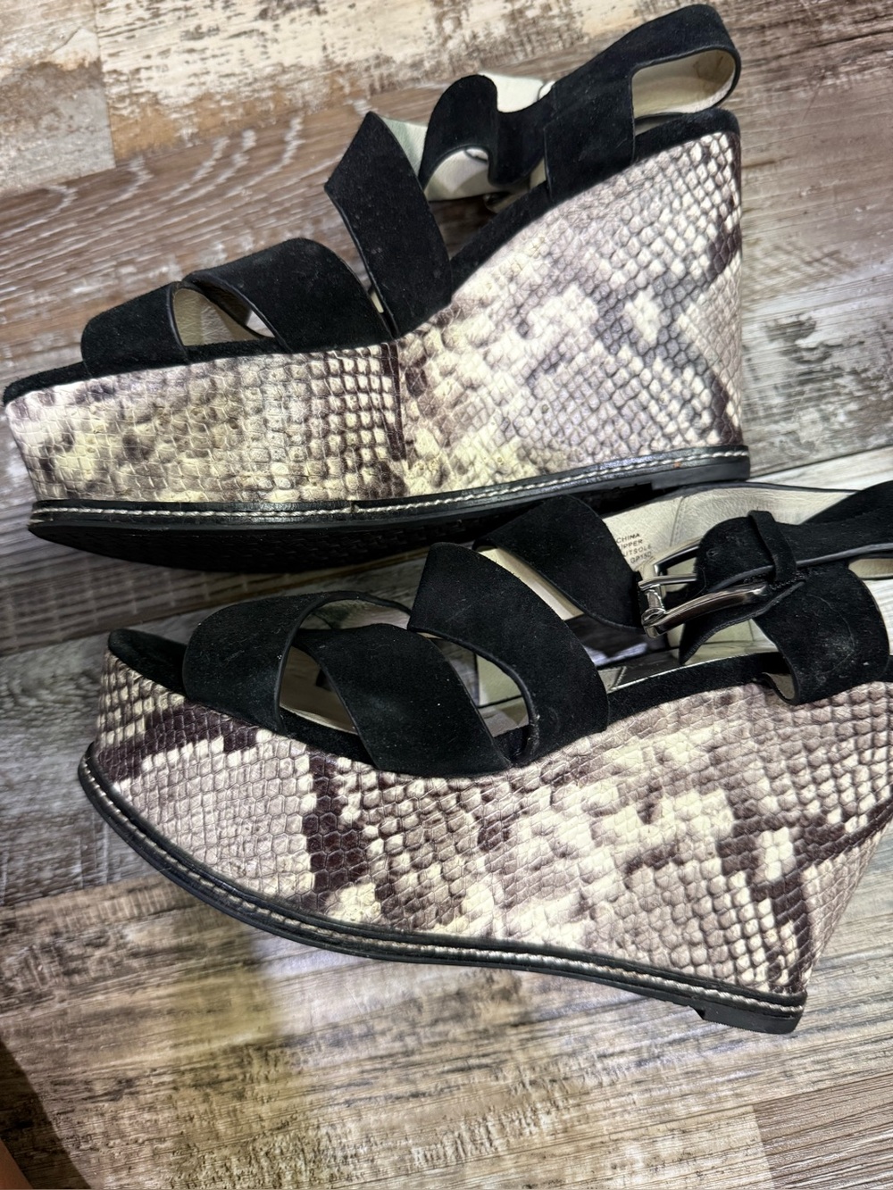Michael Kors Black Suede Strappy Wedges with Snake-Print Platform
